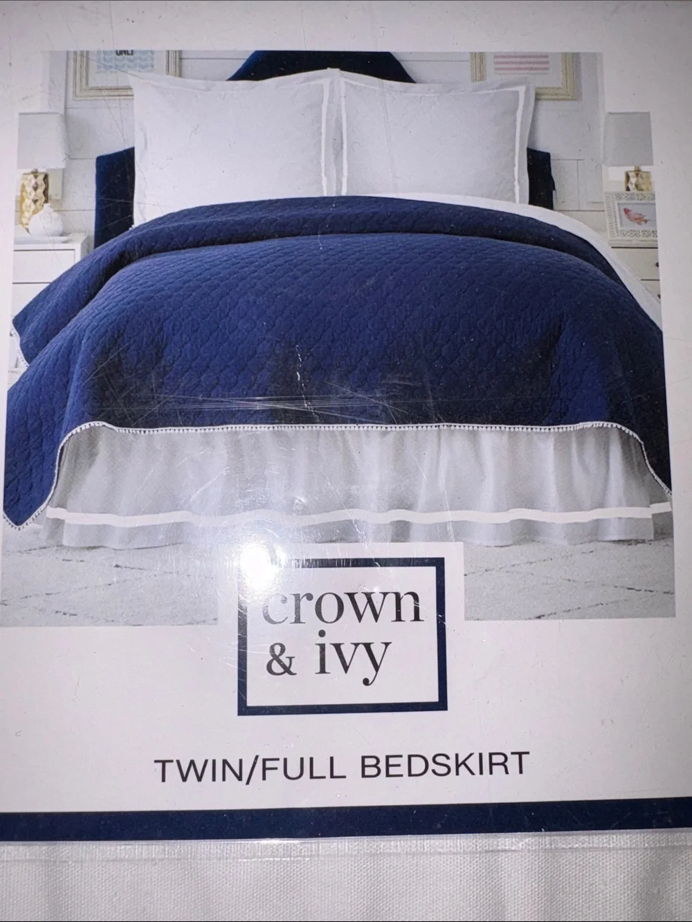 crown & ivy White Bedskirt with Navy Trim